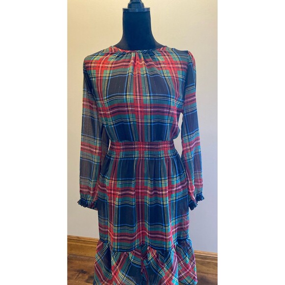 J. Crew Christmas Stewart Tartan Plaid Dress Size XL Smocked Waist Ruffle Hem - Picture 2 of 12